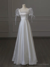 White Satin Square Puff Sleeve Pearls Wedding Dress